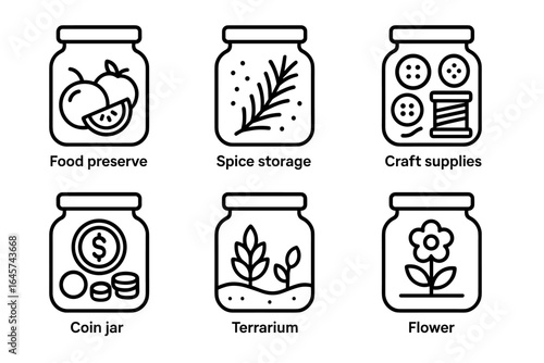 Glass jar icon set — food preserve, spice storage, craft supplies, coin jar, terrarium, flower — household container collection in linear style