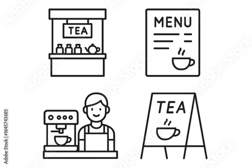 Tea shop and cafe vector icons set — barista, coffee machine, tea shop stand, menu board, cafe sign illustration in linear outline style