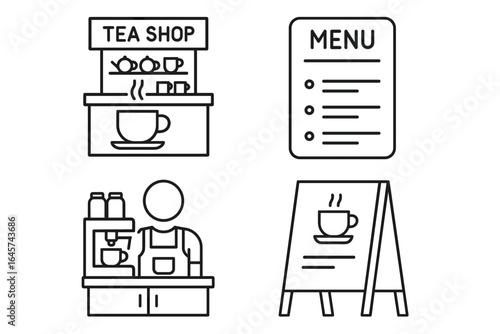 Cafe and tea shop vector icons set — barista, coffee machine, menu board, cafe sign, tea shop illustration in linear style