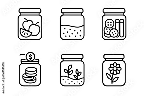 Set of glass jars with food savings plants and flowers line icons
