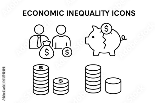 Economic inequality line icons set with people money stacks and broken piggy bank