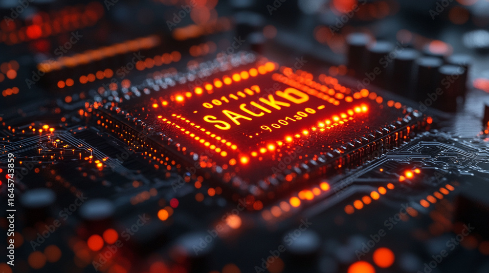 Obraz premium Close-up of glowing circuit board with processor chip displaying code.