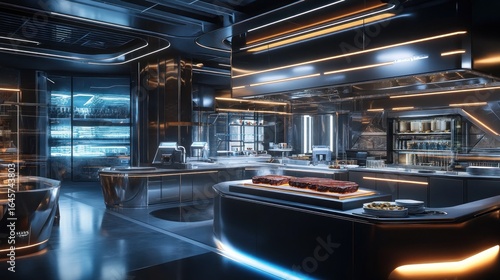 Futuristic gourmet kitchen showcasing culinary artistry in a high tech environment
