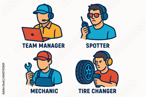 Racing team crew roles icons set with team manager spotter mechanic and tire changer, motorsport pit crew illustration