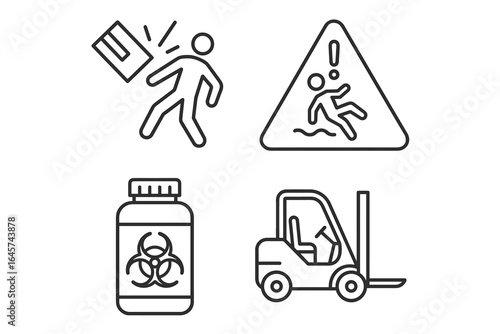 Industrial safety and hazard warning icons set with falling objects slip caution biohazard and forklift, linear outline style