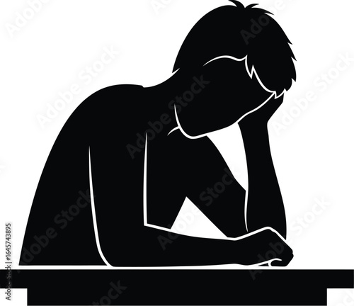 Silhouette of a sad man with his head in his hands, representing depression, stress, and anxiety, feeling unhappy and frustrated