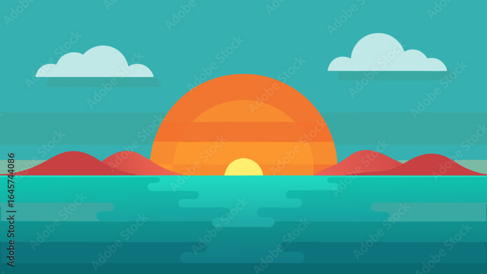 Fototapeta premium Flat Vector Sunset Over Turquoise Ocean with a Colorful Horizon