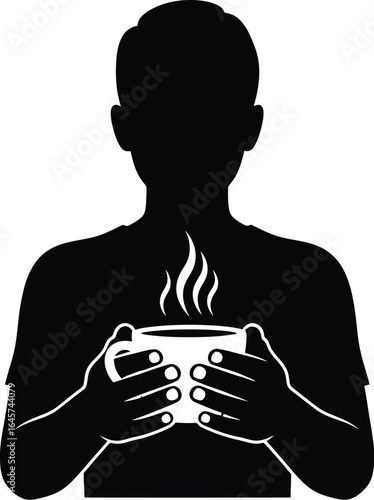 Silhouette of a man holding a cup of hot coffee, enjoying a warm beverage in a moment of relaxation and comfort, a simple vector illustration