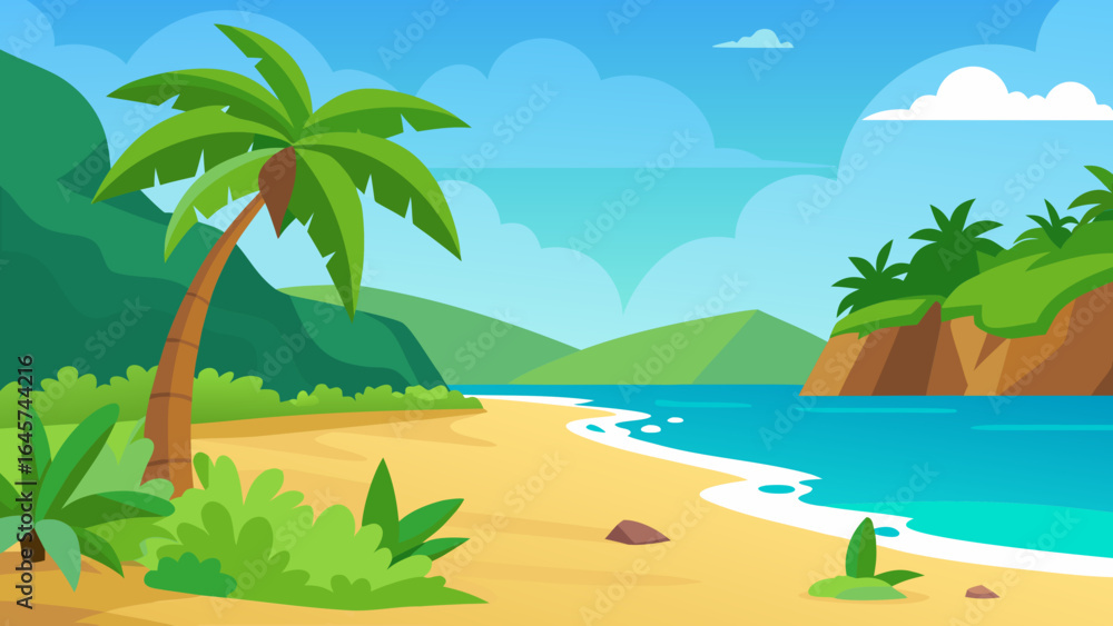 Fototapeta premium Cartoon Beach with Green Jungle Background and Tropical Scenery