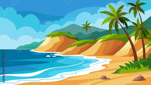Tropical Coast with Gentle Waves Washing the Sandy Shoreline