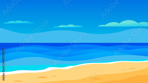 Bright Blue Ocean Water with a Sandy Foreground and Clear Horizon