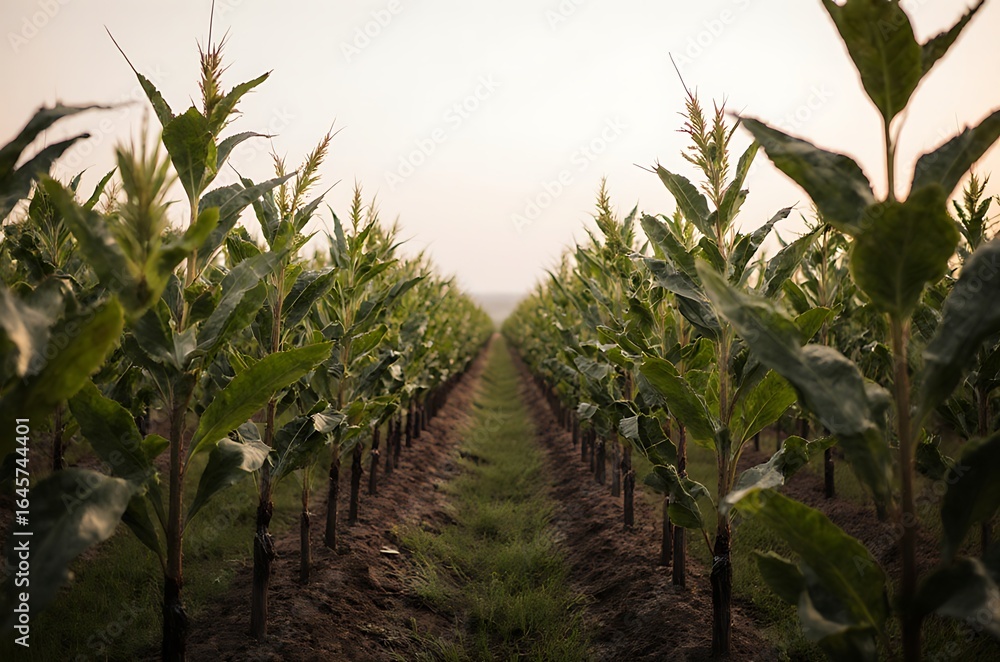 Obraz premium Peaceful Green Field Even Spaced Crop Rows ai generated