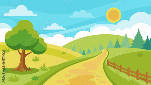 Inviting Country Trail Through Open Sunny Green Pasture