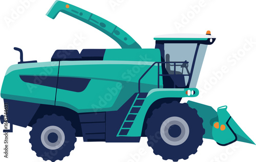 Modern agricultural harvester machine vector illustration in turquoise and dark blue colors 