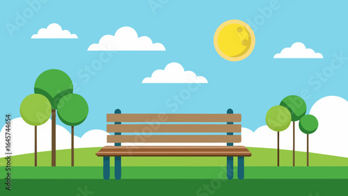 Relaxing Park Bench Under Sunny Day City Skyline View