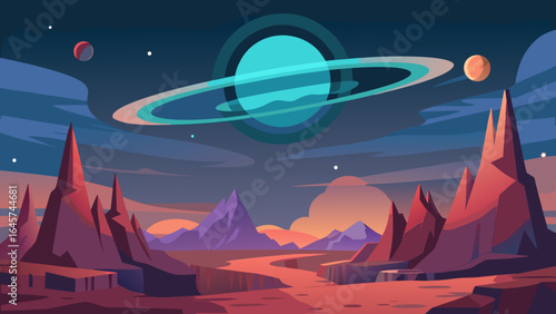 Spectacular Alien Mountain Plain with Mysterious Glowing Rings