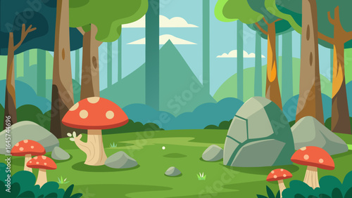 Enchanting Forest Glade with Whimsical Mushrooms and Rocks