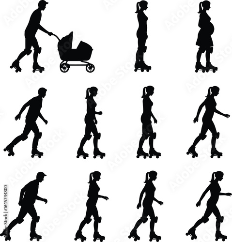 Silhouette of family roller skating, pregnant woman, man pushing baby stroller, active lifestyle, outdoor exercise, fitness, movement, healthy family, rollerblading fun, parent and child
