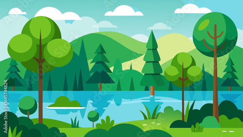 Lush Green Trees and Plants by Serene Forest Lake