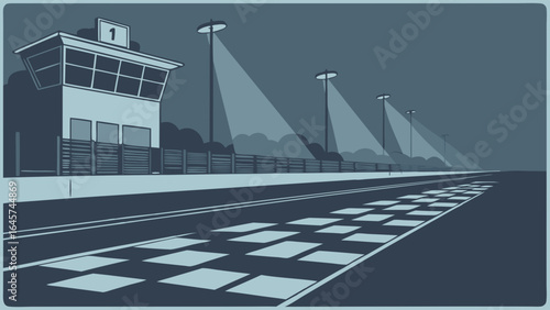 Race Track with Control Tower and Checkered Finish Line.
