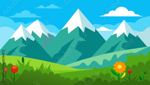 Majestic Mountains Adorned with Green Flower Meadow