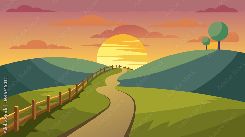 Obraz premium Golden Sunset Path Through Grassy Hill with Rustic Fence