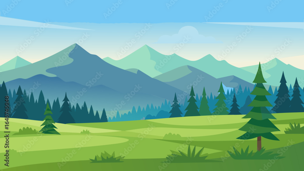 Fototapeta premium Vast Open Meadow with a Serene Distant Pine Forest