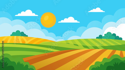 Expansive Fields and Meadows Under Sunny Skies with Clouds