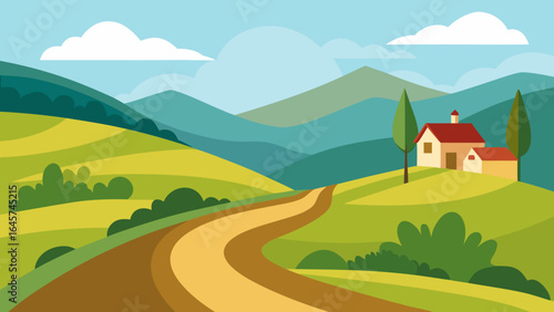 Charming Hilly Countryside with Winding Dirt Road Pathway