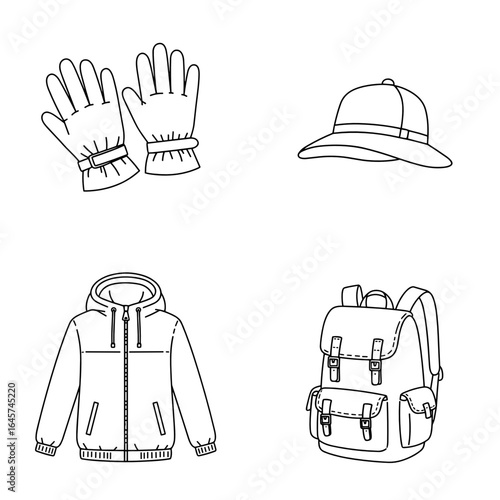 Collection of mushroom picking-themed icons including gloves, hat, jacket, backpack  