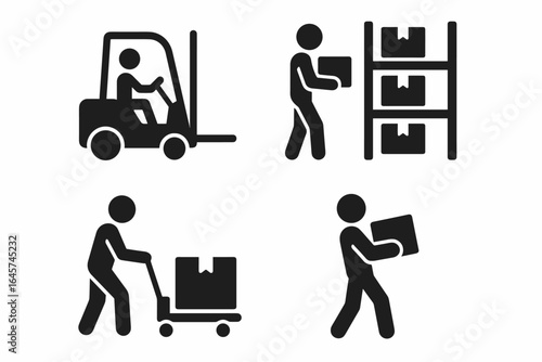 Warehouse worker icons set – logistics staff, inventory management, industrial labor symbols, simple line style