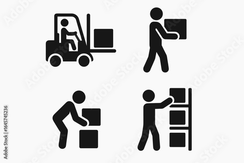 Warehouse worker icons set – logistics staff, inventory management, industrial labor symbols, simple line style