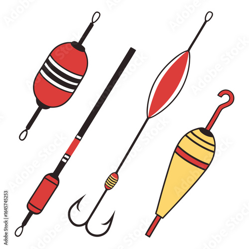 Flat vector set of colorful fishing floats and bobbers, perfect for fishing gear branding, instructional posters, and sport fishing catalogs.