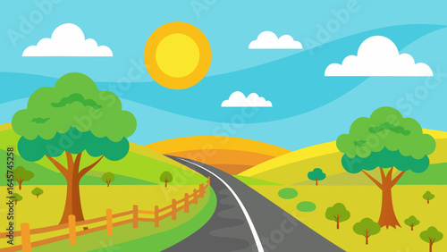 Charming Cartoon Country Road Under Bright Sunny Skies