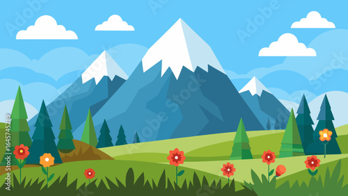 Lush Mountain Field Adorned with Flowers and Tall Pine Trees