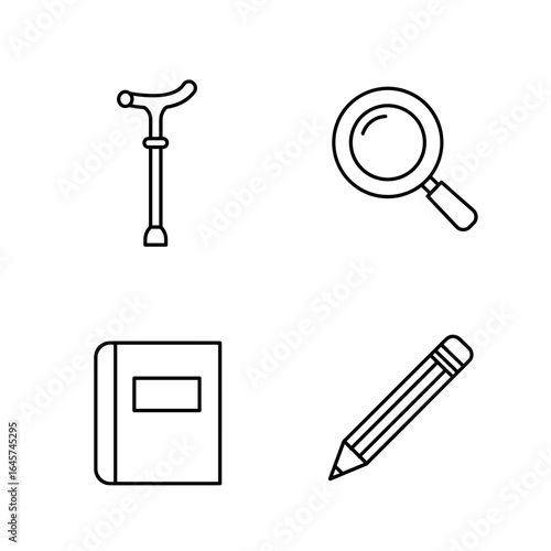 Collection of Mushroom picking-themed icons, including walking stick, magnifying glass, notebook, pencil  