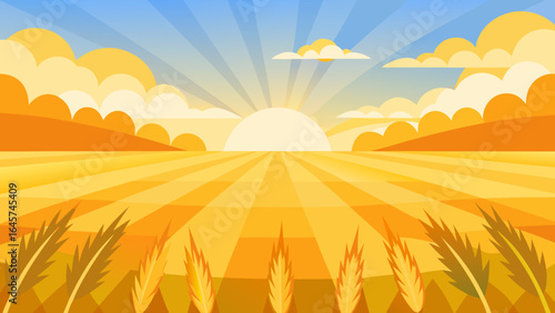 Luminous Golden Crop Fields Bathed in Bright Sunlight Glow