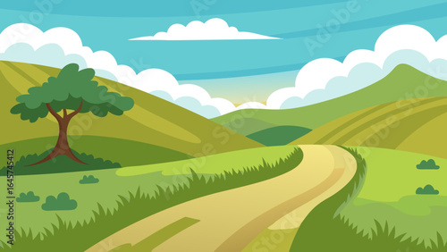 Charming Curved Country Path Between Lush Grassy Hills