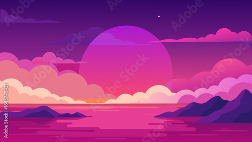 Stunning Coastal Sunset with Vibrant Purple Pink Clouds and Ocean