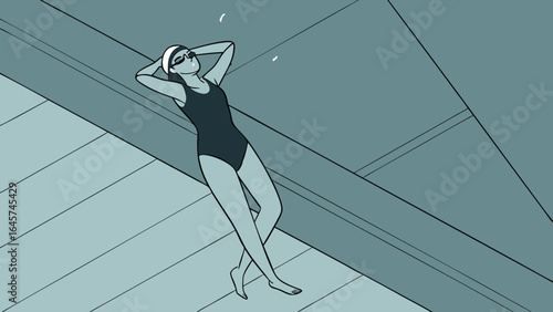 Relaxed Female Swimmer in Black Swimsuit at Poolside.