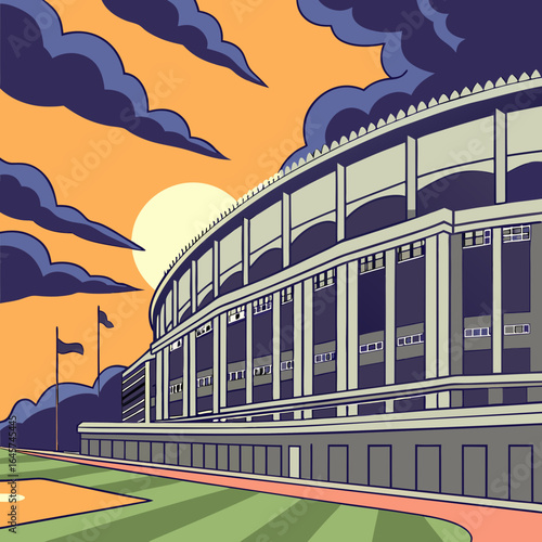 Retro Baseball Stadium at Sunset.