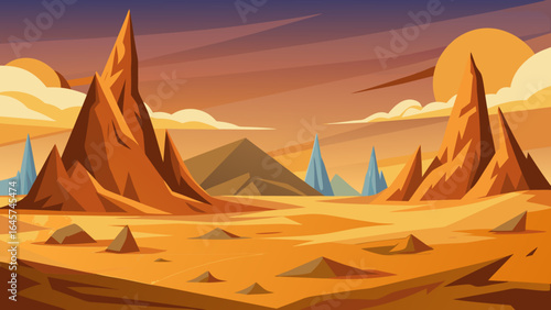 Dramatic Alien Desert Plain with Sharp Rocky Peaks and Horizon