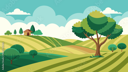 Picturesque Rolling Farmland with Graceful Tree Branches Overhead