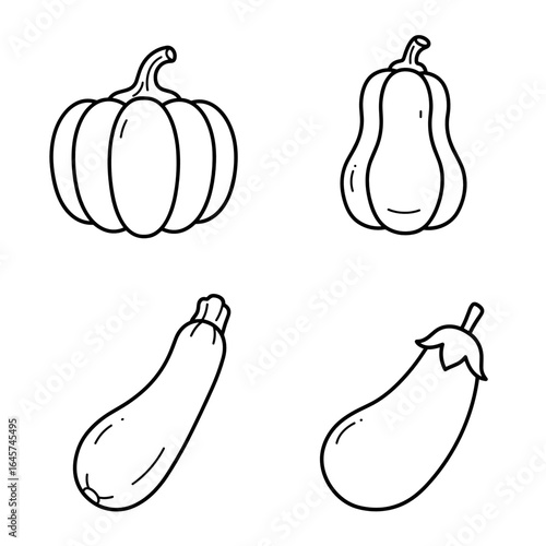 Collection of soup season-themed icons including pumpkin, squash, zucchini, eggplant  