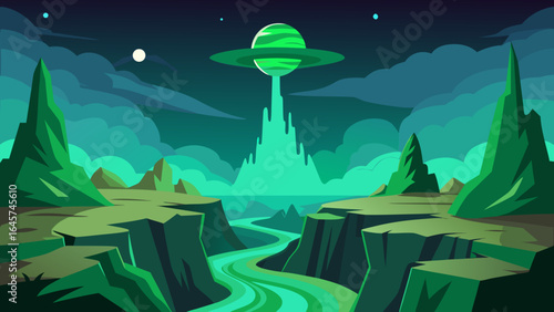 Eerie Alien Canyon Landscape with Green Glowing Atmosphere and Terrain