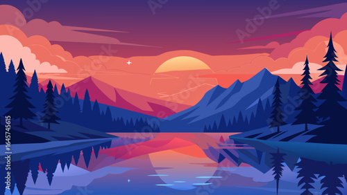 Tranquil Scenic Lake Surrounded by Forest with Sunset Reflection Water