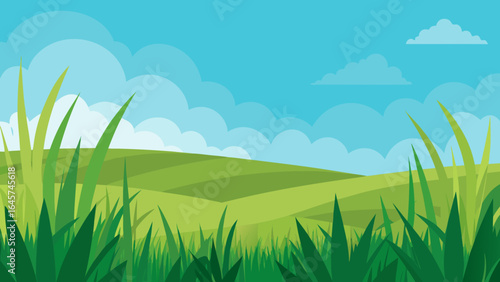 Vibrant Green Meadow with Tall Grass and Blurred Sky Background