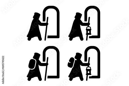 Pilgrim icons set with walking stick and backpack