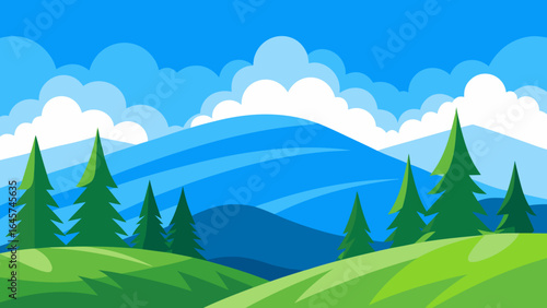 Stunning Pine Covered Hills Under Blue Sky and White Cloud Patches