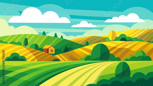 Beautiful Rolling Farmland with Green and Yellow Fields Sunny Sky